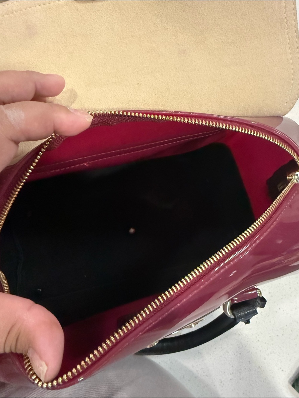 Furla Two-Tone Patent Satchel in Burgundy, Black and Brown - Picture 9 of 9